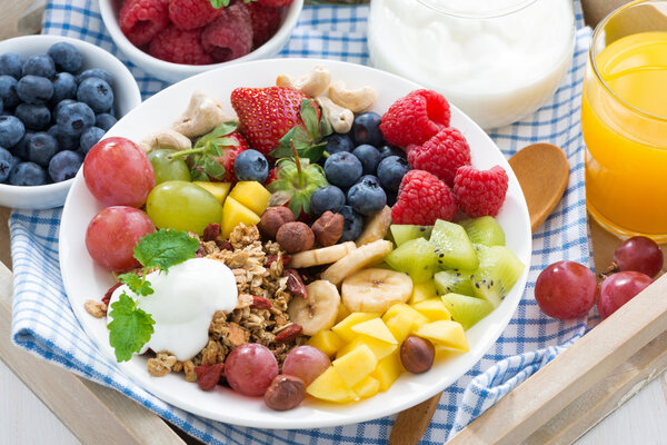 Healthy breakfast - berries, fresh fruit and cereal, top view, c