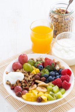 Meyveler, meyve, fındık ve granola sağlıklı bir kahvaltı için