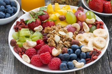 Sağlıklı bir kahvaltı - meyveler, meyve ve müsli için malzemeler