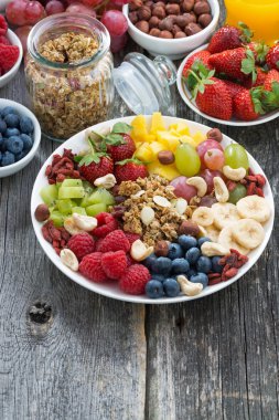 Sağlıklı bir kahvaltı - meyveler, meyve, müsli için malzemeler