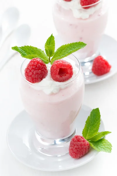 Creamy jelly with raspberries, top view — Stock Photo, Image