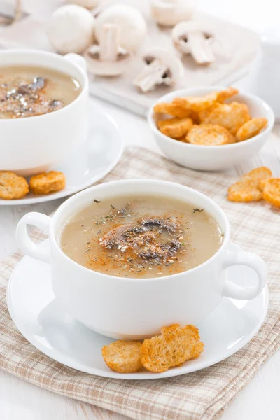 Puré de sopa de champiñones con croutones, vertical —  Fotos de Stock