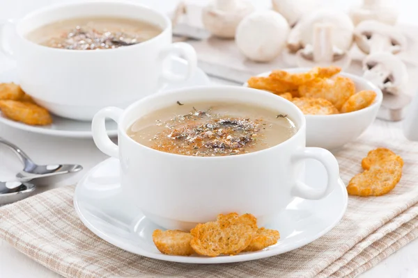 Mushroom soup puree with croutons, selective focus — Stock Photo, Image