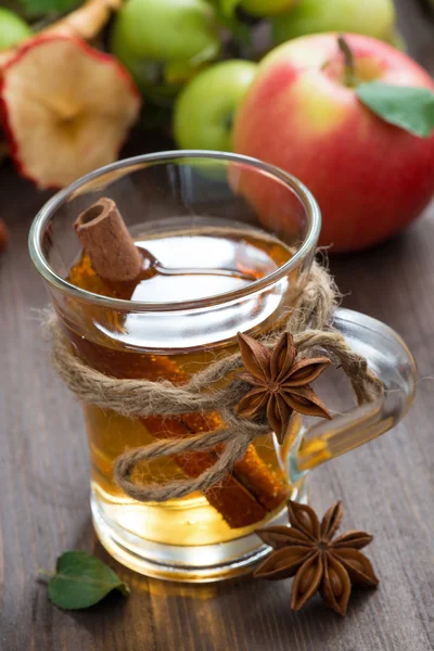 Apple cider med kryddor i glas cup, selektiv inriktning, ovanifrån — Stockfoto