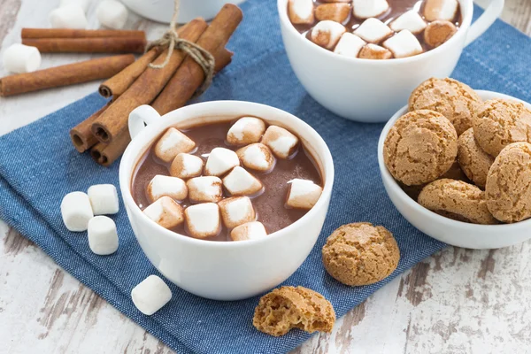 Cup of cocoa with marshmallows and almond cookies — Stock Photo, Image