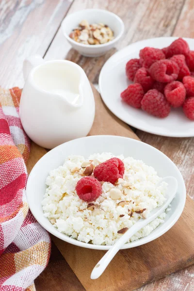 Cottage cheese with fresh raspberry and milk, vertical — Stock Photo, Image