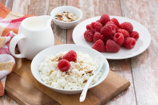 Cottage cheese with fresh raspberry and milk — Stock Photo, Image