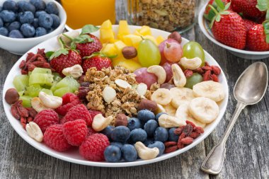 Sağlıklı bir kahvaltı - meyveler, meyve ve müsli için malzemeler