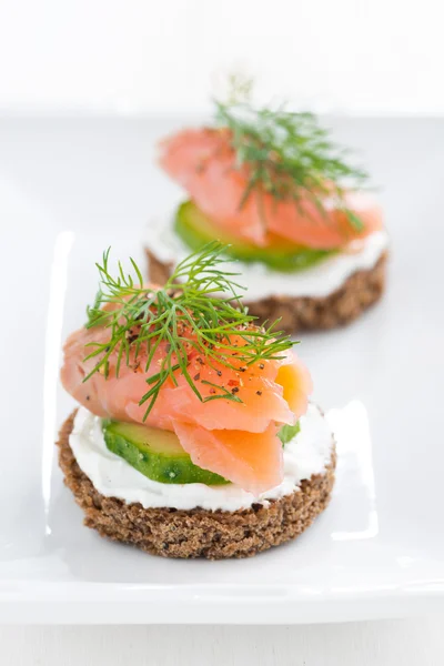 Canape au fromage, concombre et saumon, verticale — Photo