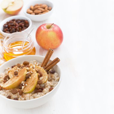 Yulaf ezmesi taze elma, Kuru üzüm, tarçın ve malzemeler