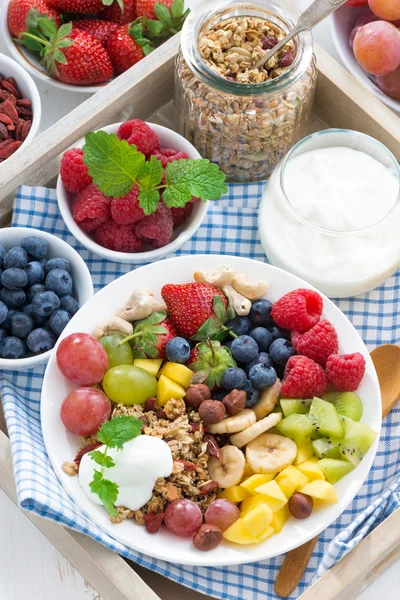 Υγιεινό πρωινό - μούρα, φρούτα και δημητριακά στο πιάτο — Φωτογραφία Αρχείου