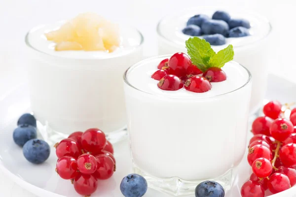 Diätprodukt - Sortiment Joghurt mit frischen Beeren, Nahaufnahme — Stockfoto