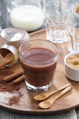 cocoa in a glass on a wooden tray