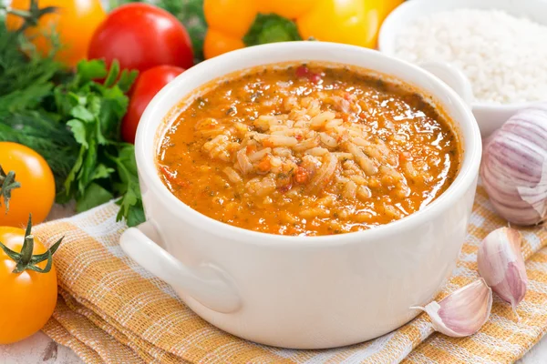 Tomato soup with rice and vegetables in a white saucepan — Stock Photo, Image