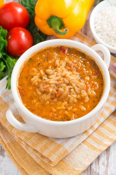 Sopa de tomate com arroz e legumes — Fotografia de Stock