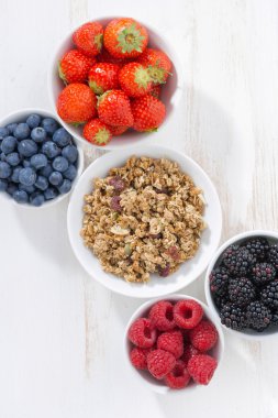 fresh berries and granola on a white wooden background, vertical