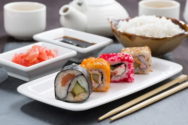 Japanese meal - sushi and rolls, close-up — Stock Photo, Image