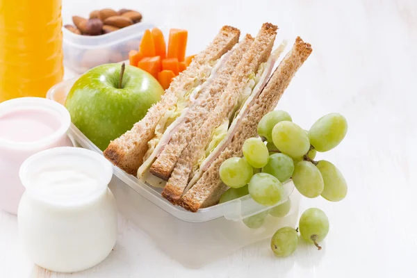 School lunch with sandwiches, fruit and yogurt, close-up — Stockfoto