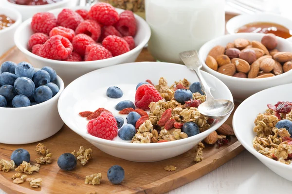 Muesli caseiro com frutas frescas e iogurte para o café da manhã — Fotografia de Stock