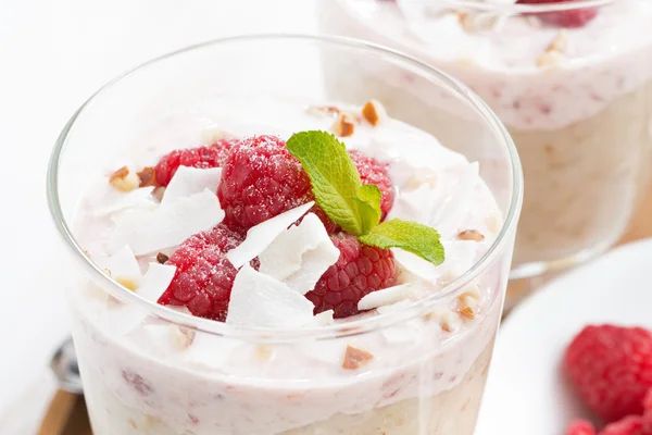 Dessert santé avec flocons d'avoine, crème fouettée et framboise fraîche — Photo