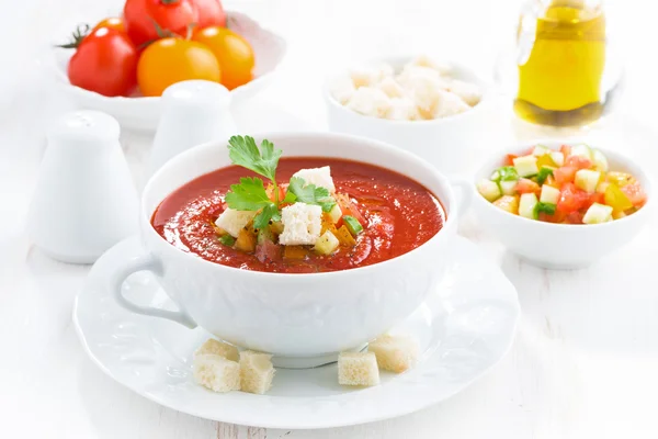 Fresh gazpacho in a white bowl — Stock Photo, Image