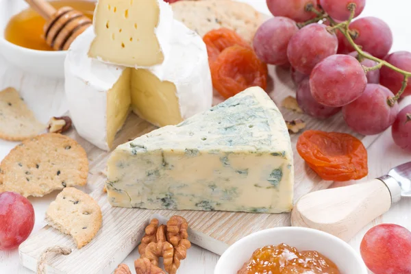 Kalıp peynir, taze meyve ve aperatifler, portre — Stok fotoğraf