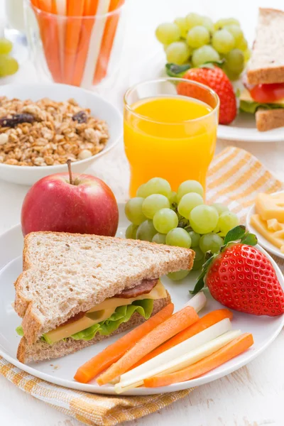 School breakfast with fruits and vegetables, vertical — Stock Photo, Image