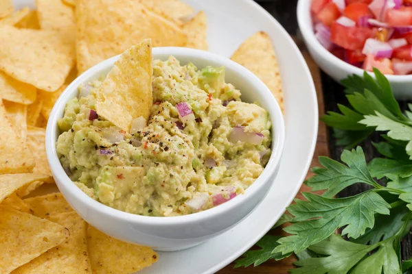 Guacamole omáčkou a kukuřičnými chipsy, detail — Stock fotografie