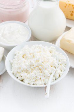 Beyaz ahşap arka planda, closeup taze süt ürünleri