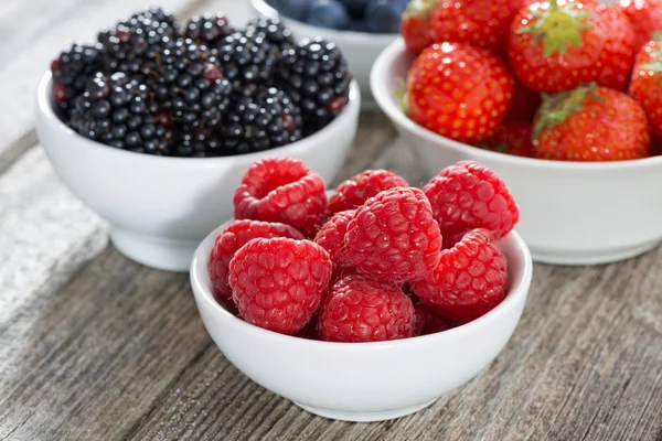 Raspberries in a bowl and fresh garden berries — Stock Photo, Image