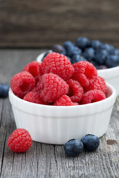 Seasonal berries - raspberries and blueberries in bowls — Stock Photo, Image