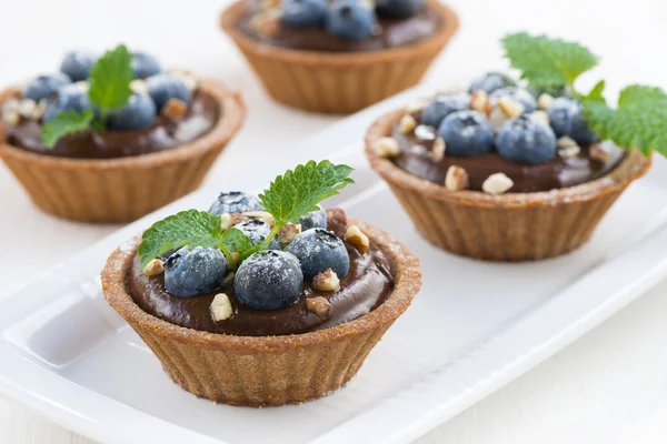 Mousse de chocolate con arándanos y menta en tartaletas —  Fotos de Stock