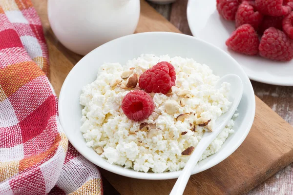 Cottage cheese med ferske bringebær, sett ovenfra – stockfoto