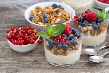 tatlı tatlı krem, taze meyveler ve granola