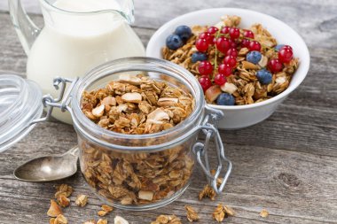 ev yapımı granola, süt ve taze çilek ile jar