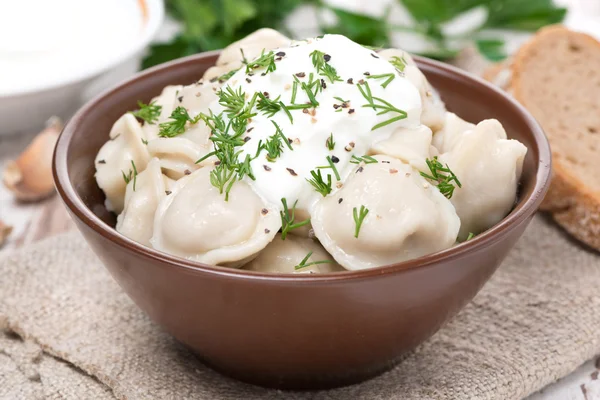 Traditional Russian dumplings with sour cream — Stock Photo, Image