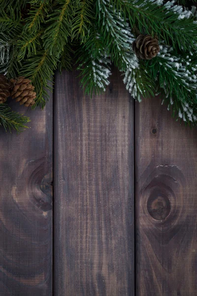 Dark wood background with fir branches, vertical, top view — Stock Photo, Image