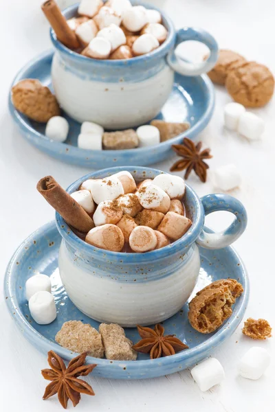 Duas xícaras de cacau com marshmallows e canela — Fotografia de Stock