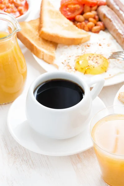 Traditional breakfast - coffee, juice, eggs, toasts — Stock Photo, Image