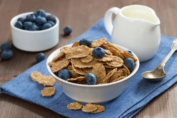 Wholegrain flakes with blueberries and jug of milk — Stock Photo, Image