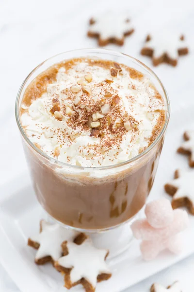 Festive pumpkin latte and almond biscuits, top view, closeup — Stock Photo, Image