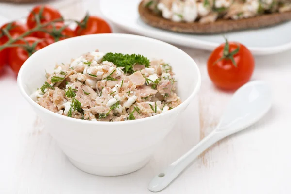 Pate with tuna, homemade cheese and herbs in white bowl — Stock Photo, Image