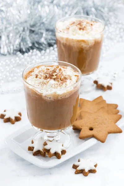 Festive pumpkin latte and almond biscuits, top view — Stock Photo, Image