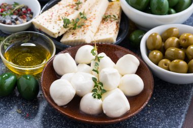 peynir - Mozzarella peyniri, beyaz peynir ve turşu, yakın çekim