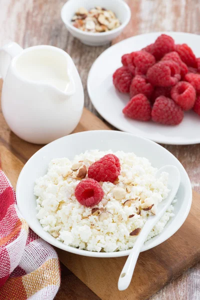 Cottage cheese with fresh raspberry and milk, close-up, vertical — Stock Photo, Image