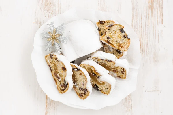 Christmas Stollen on a plate, top view — Stock Photo, Image