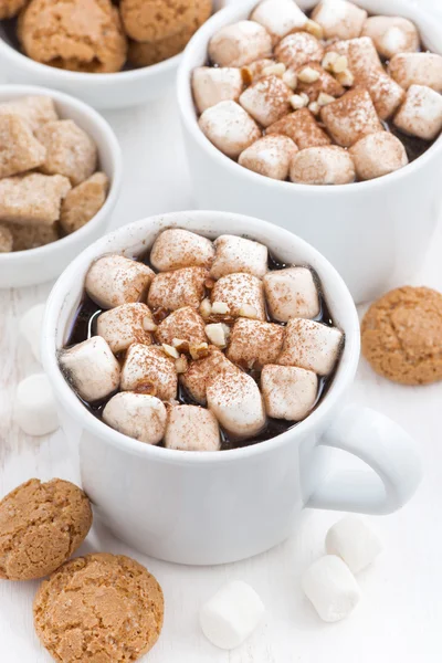 Two cups of flavored cocoa with marshmallow, top view — Stock Photo, Image