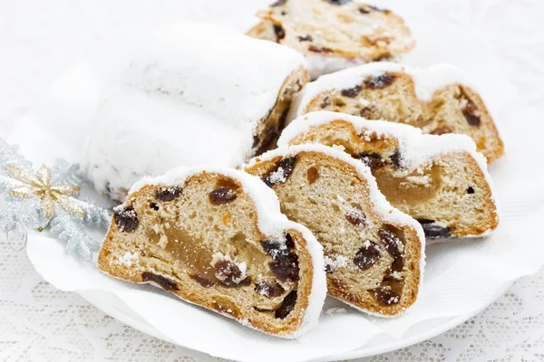 Christmas Stollen with marzipan on a plate — Stock Photo, Image