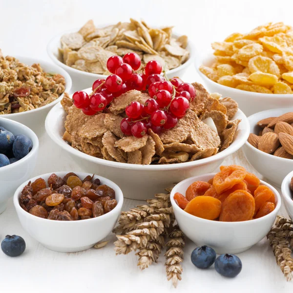 Surtido de cereales de desayuno diferentes, frutos secos, bayas — Foto de Stock