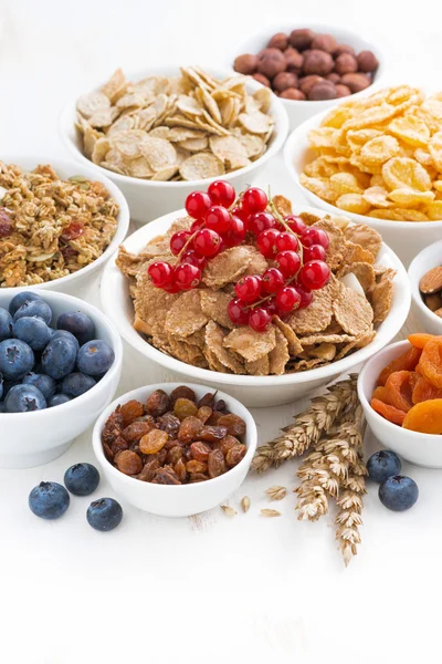 Surtido de cereales de desayuno diferentes, frutos secos — Foto de Stock